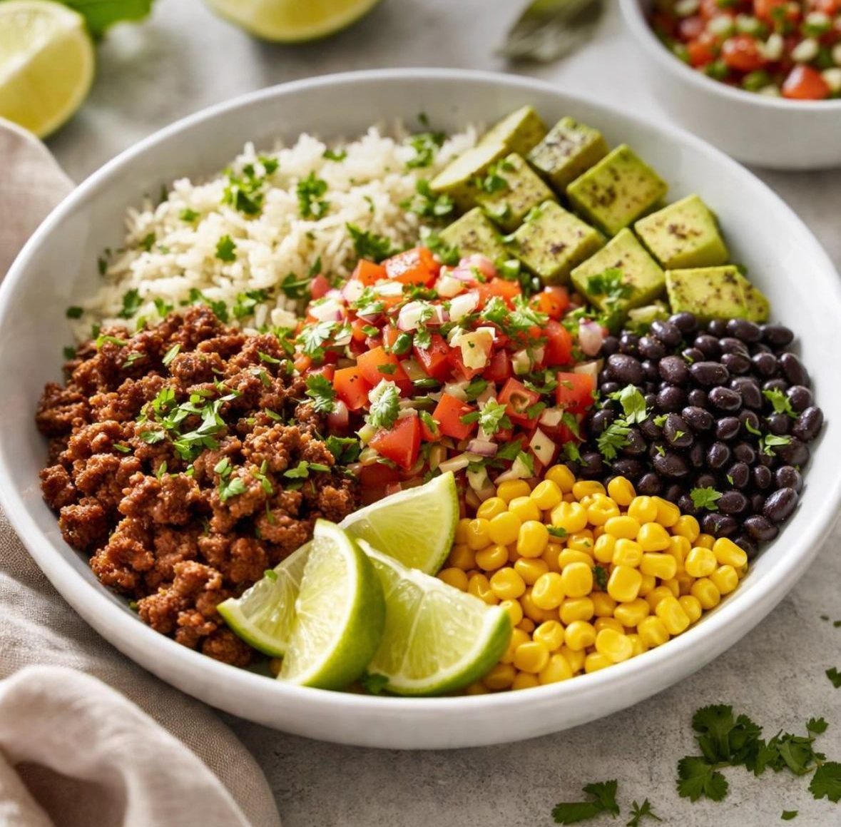 Chorizo burrito bowl with rice, pico de gallo, avocado, black beans, corn and lime
