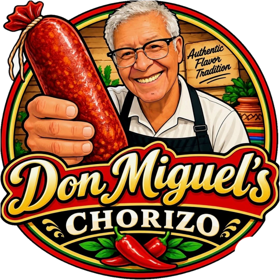 Don Miguel's Chorizo logo: Don Miguel smiling and holding a chorizo
