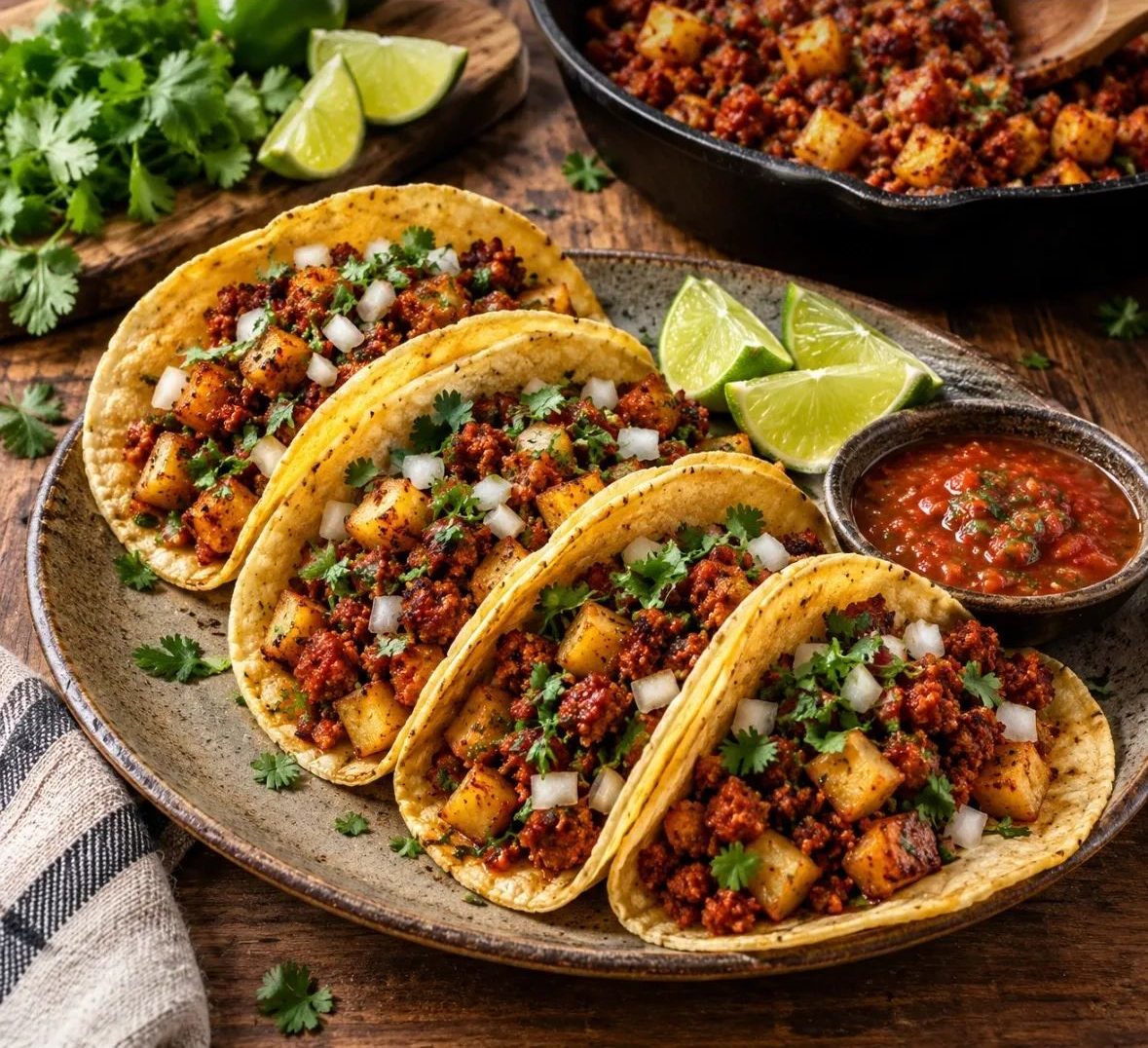 Chorizo and potato tacos with cilantro, onion, lime and salsa